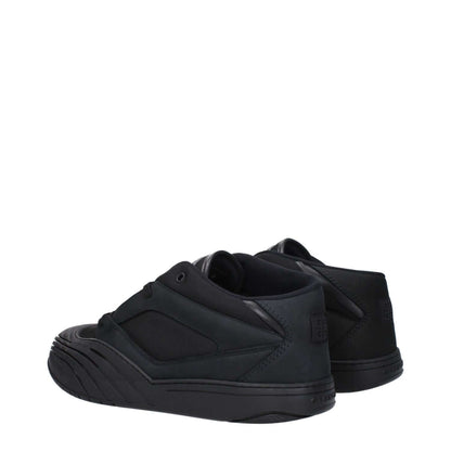 Givenchy Black Fabric Low Top Sneakers with side and back logos, rubber sole, and lace-up closure, featuring a round toe and low heel.