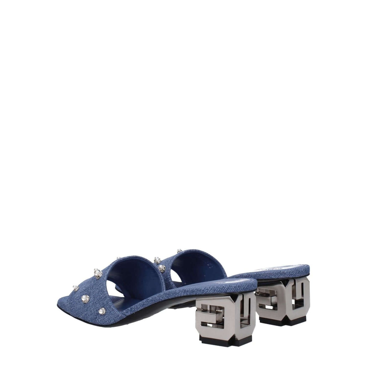 Givenchy Blue Fabric Sandals with logo heel, rhinestones, and open toe design in vintage style.