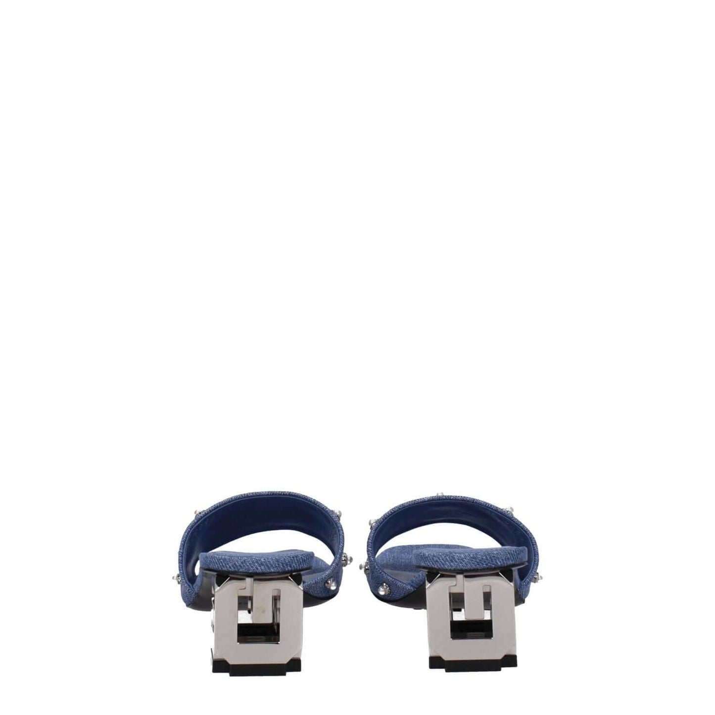 Back view of Givenchy Blue Fabric Sandals with rhinestones and open toe design, featuring mid heels and leather soles.