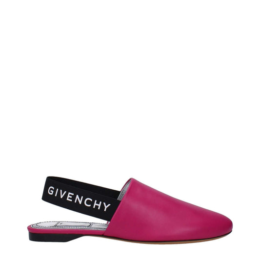 Givenchy Pink Leather Sandals with black side and back logo, featuring casual style, round toe, flat heel in fuchsia and cyclamen colors.