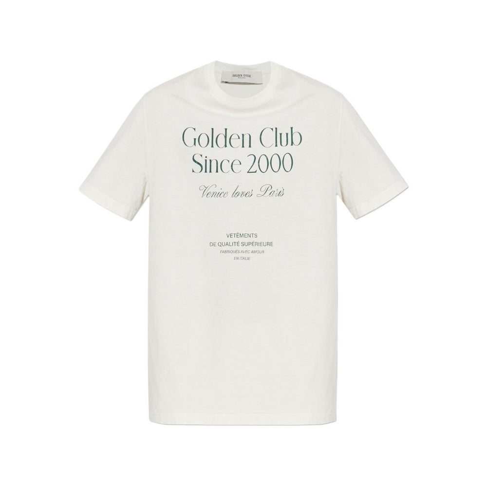Golden Goose T-shirts and Polos White with graphic print and metallic star embellishments, crew neck cotton shirt.