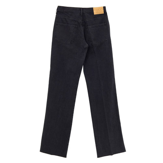 Gucci Black Cotton Jeans Denim with wide straight leg and embossed leather logo tag, showcasing five-pocket design.