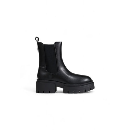 Guess Black Polyethylene Ankle Boots with chunky treaded sole and elastic side panels, showcasing minimalist style and durable design.
