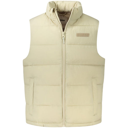 Guess Jeans Beige Polyamide Jacket - sleeveless with 2 external pockets, 1 internal pocket, zip, logo, and water resistant design.