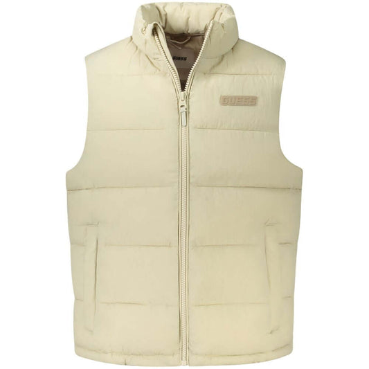 Guess Jeans Beige Polyamide Men Jacket - Sleeveless, water-resistant with Guess logo and pockets, stylish and practical outerwear.