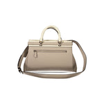 Guess Jeans Beige Polyethylene Handbag with adjustable strap, zip closure, external pocket, and protective feet for versatile use.