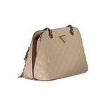 Guess Jeans Beige Polyethylene Handbag with adjustable strap, two handles, compartments, and logo. Stylish eco-friendly fashion accessory.