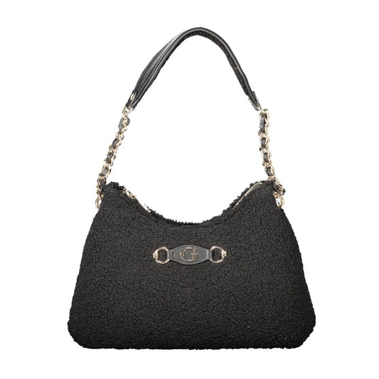 Guess Jeans Black Polyester Handbag with logo, shoulder handle, internal pocket, document spaces, contrasting details, and zip closure.