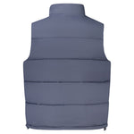 Back view of Guess Jeans Blue Polyester Jacket, sleeveless with thermal padding, featuring 2 external pockets, buttons, and zip.