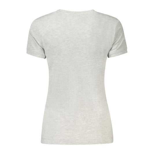Back view of Guess Jeans Gray Cotton T-Shirt with short sleeves and wide neck, featuring organic cotton material.