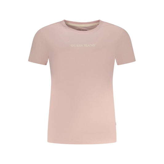 Guess Jeans Pink Cotton T-Shirt with logo print, short sleeves, and crew neck made from organic cotton.