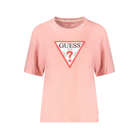 Alt Tag: Guess Jeans Pink Cotton Women T-Shirt with iconic logo design in oversized fit, perfect for trendy and chic casual style.