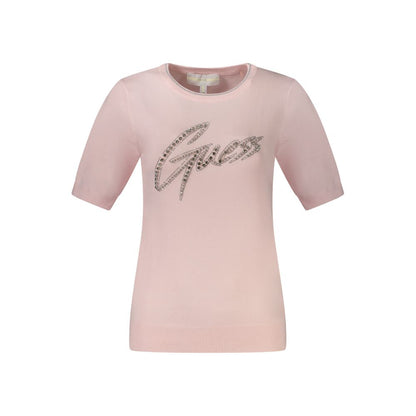 Alt Tag: Guess Jeans Pink Viscose Women Sweater with rhinestone logo and short sleeves, perfect for chic and bold fashionistas.