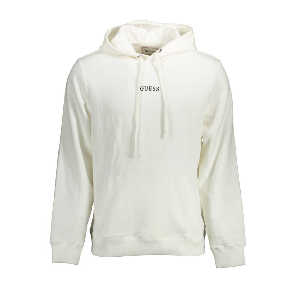 Guess Jeans White Cotton Men Sweater with hood and logo, front view. Stylish and sustainable fashion piece for urban sophistication.
