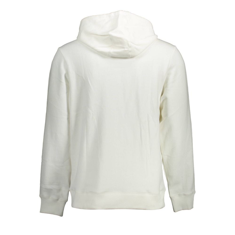 Back view of Guess Jeans White Cotton Men Sweater showcasing hood and long sleeves.