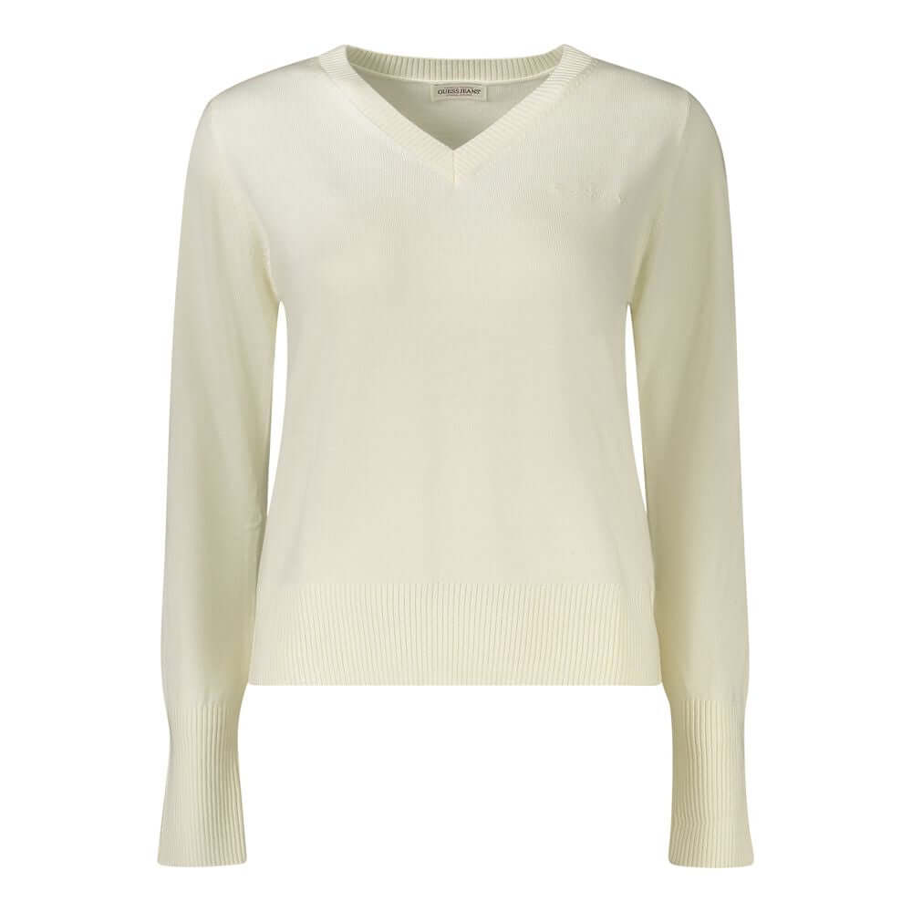 Guess Jeans White Wool Sweater, V-neck long-sleeved t-shirt with embroidery and logo for stylish comfort.