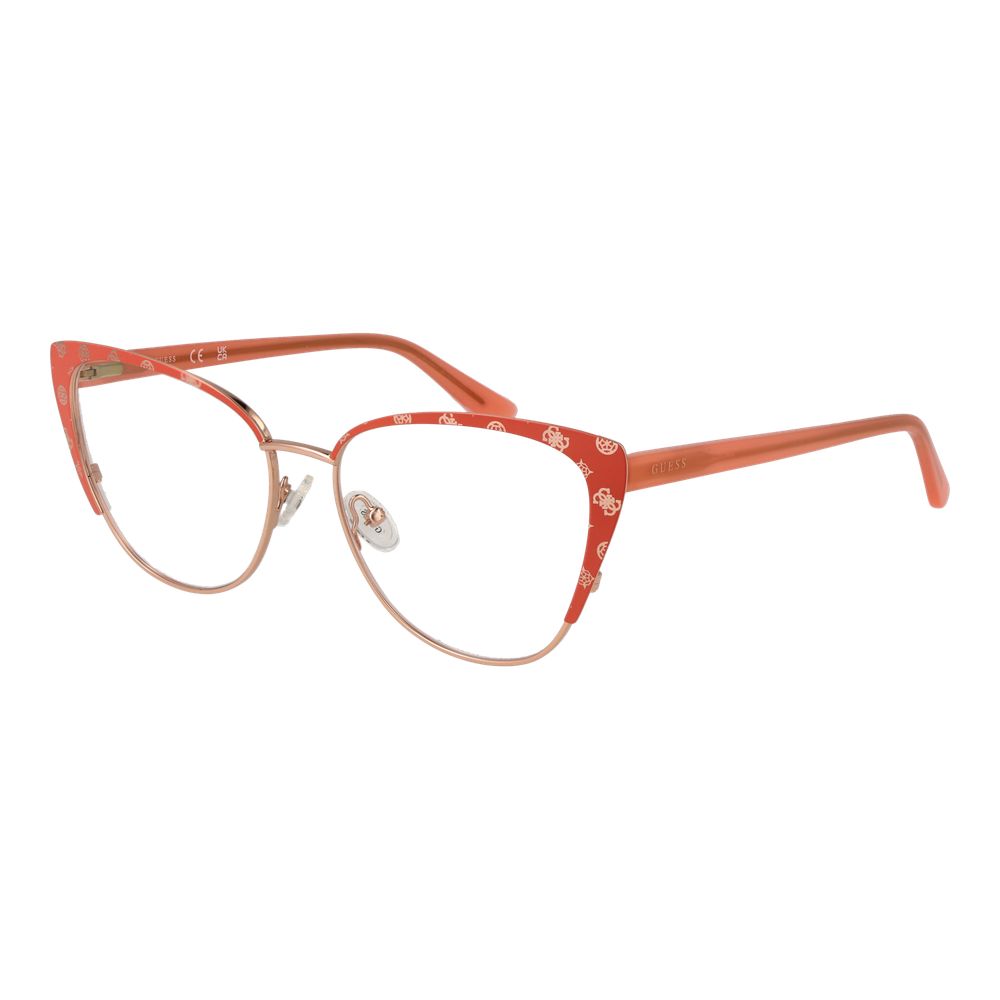 Guess Orange Women Glasses Frame in metal with full-rim cat eye style, featuring spring hinge and demo lenses. Size 55-16-145.