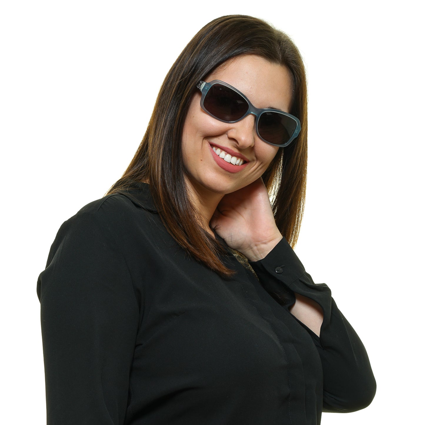 Woman wearing HARLEY-DAVIDSON MOD. HD0300X 5684A sunglasses, smiling with UV protection, official packaging for ladies.