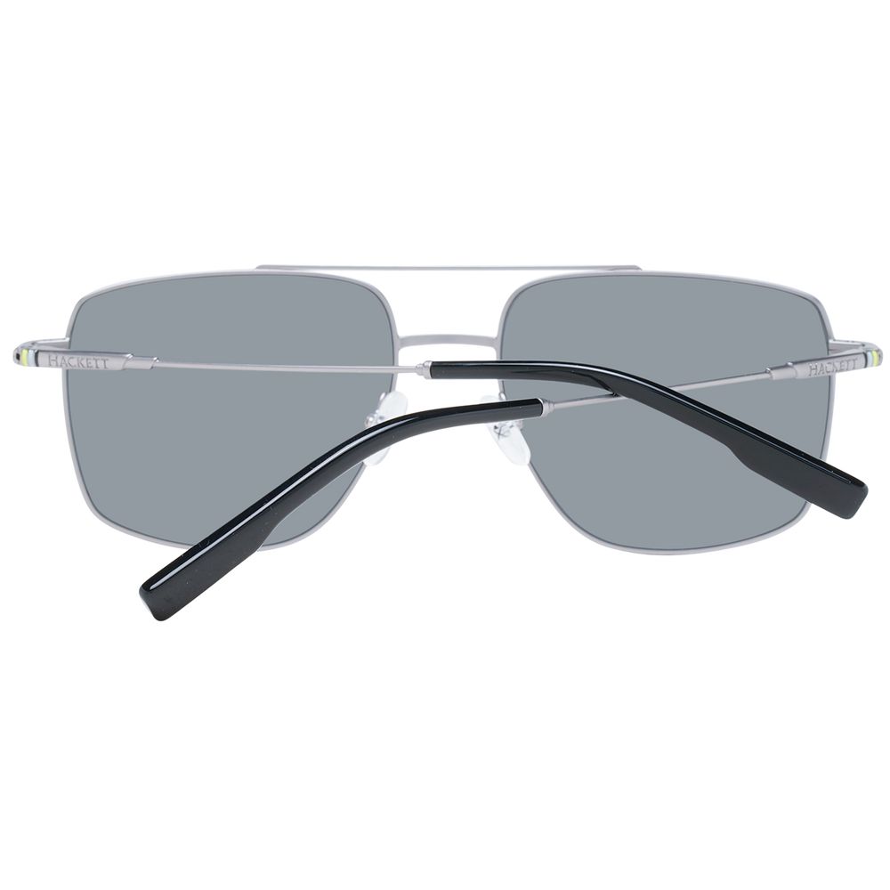 Hackett Gray Metal Sunglasses with polarized trapezium lenses, full-rim grey metal frame, UVA & UVB protection, includes branded case.