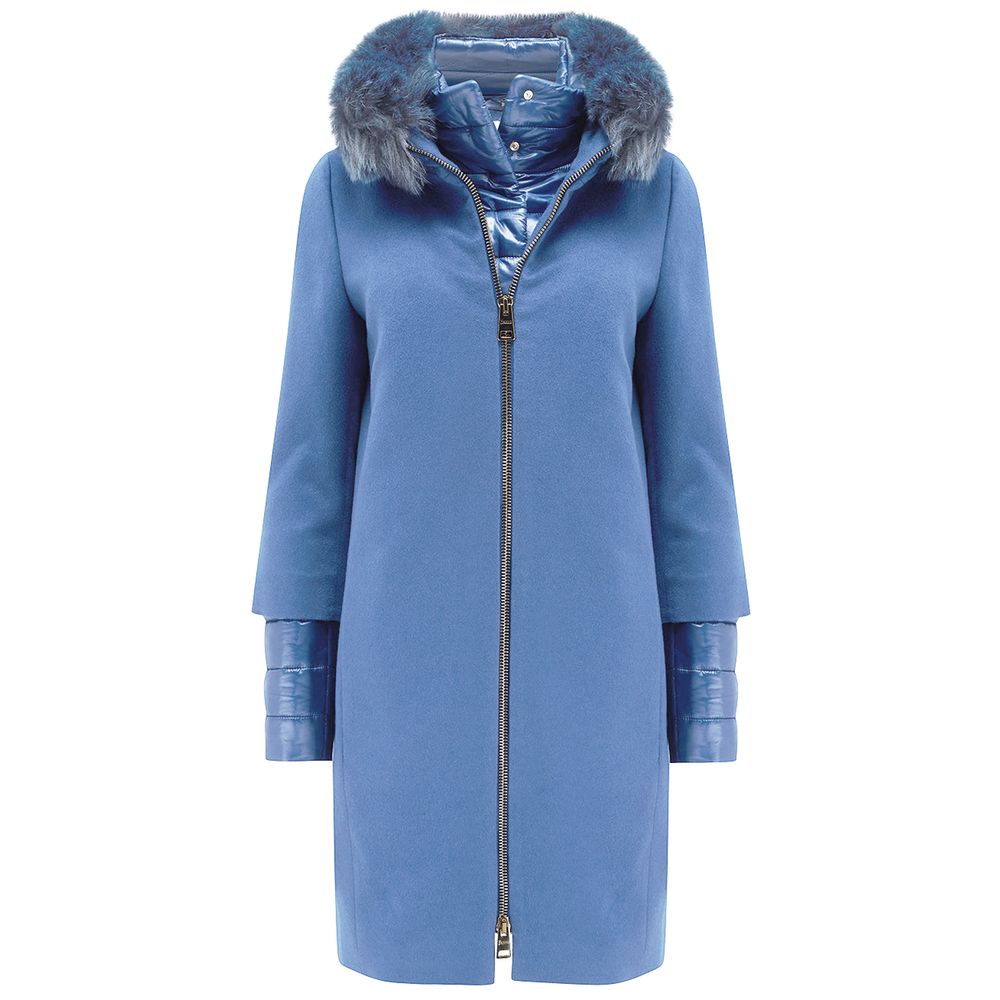 Elegant Herno Blue Cashmere Women Coat with fox fur collar and removable nylon vest