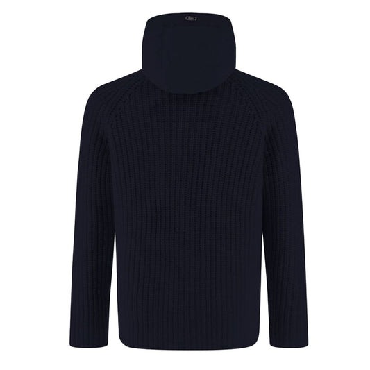 Rear view of Herno Blue Wool Men Bomber Jacket with hood and corduroy stitching, showcasing its craftsmanship and versatility.