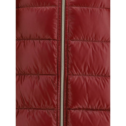 Close-up of Herno Bordeaux Polyester Coat highlighting the red fabric and zipper detail.