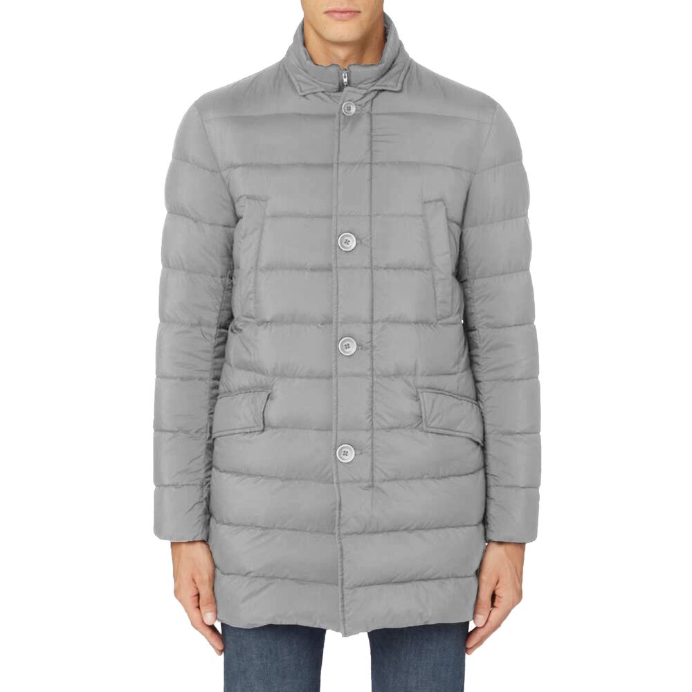 Herno Gray Polyamide Jacket - men's gray quilted down jacket with button closure, hidden zip, front and chest pockets, high removable collar.