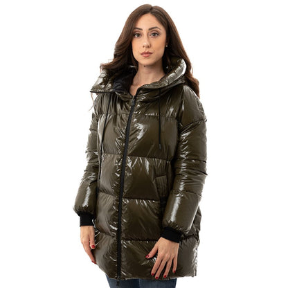 Woman wearing Herno Green Polyamide Parka with hood, zipper closure, and side pockets, showcasing a warm and lightweight design for any occasion.