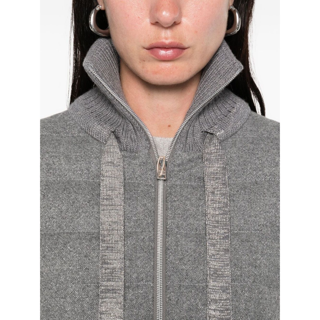Herno Jackets Light Grey with zip fastening and stand-up collar, showcasing cashmere and wool padding, long sleeves, and zip pockets.