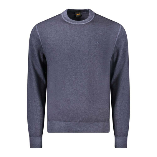 Hugo Boss Blue Wool Sweater with long sleeves, crew neck, and embroidered logo, ideal for stylish and cozy wear.