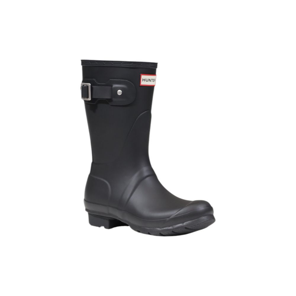 Hunter Black Recycled Polyester Ankle boot with natural rubber and adjustable side buckle for waterproof protection and comfort.