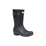 Hunter Black Recycled Polyester Ankle boot with natural rubber and adjustable side buckle for waterproof protection and comfort.