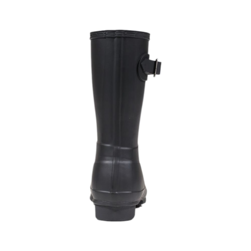 Hunter Black Recycled Polyester Ankle boot with adjustable buckle, back view showcasing waterproof design.