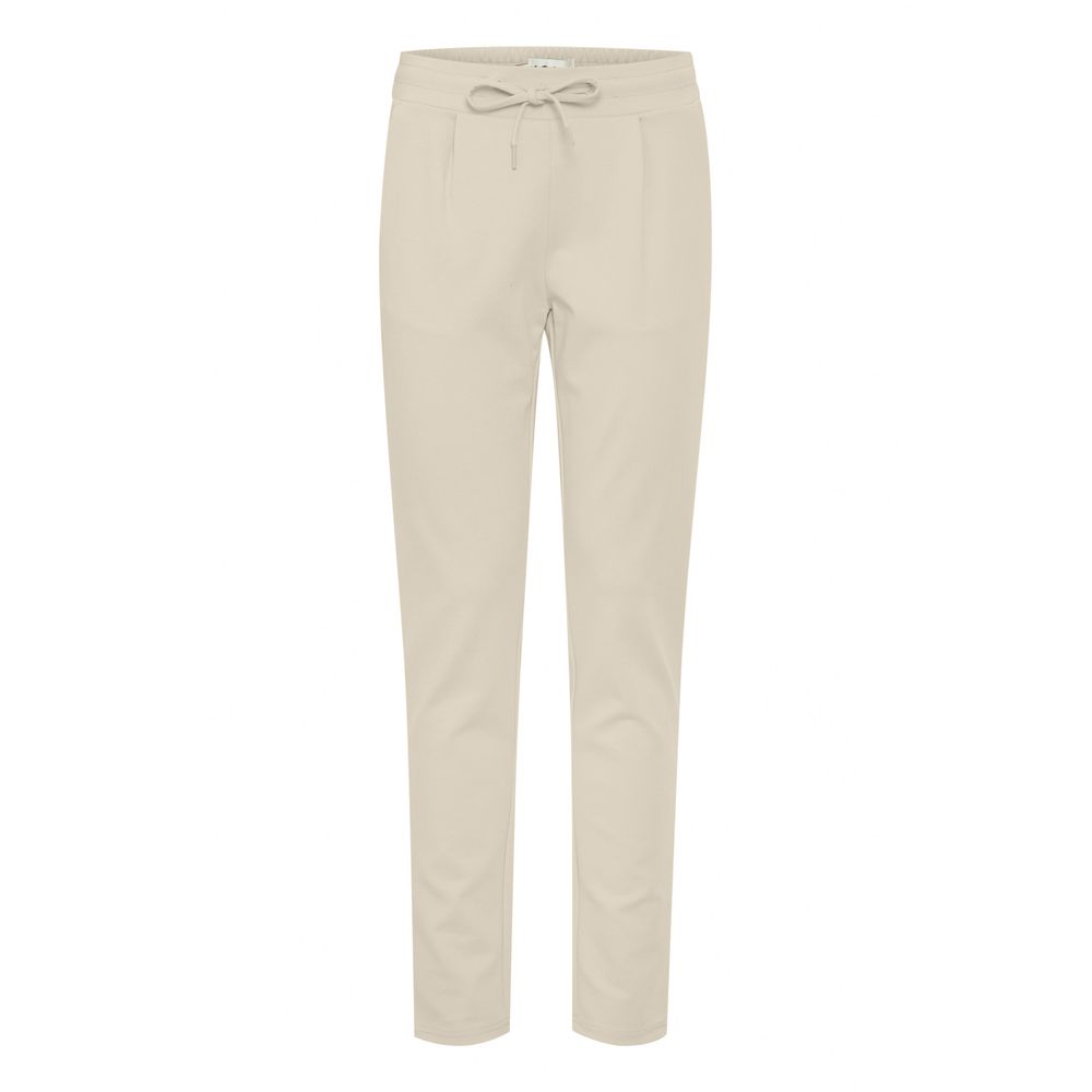 ICHI Beige Polyester Pant with elastic waistband and drawstring, front pleats, slim fit, women's cigarette trousers model 20105036.