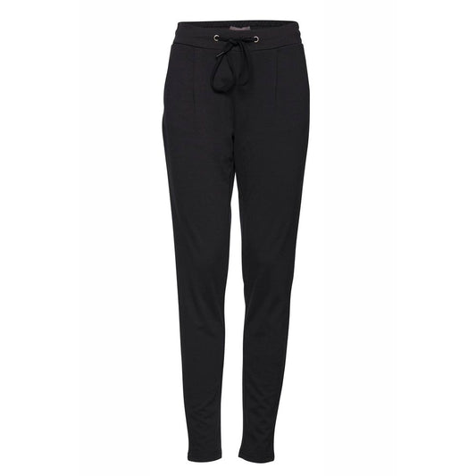 ICHI Black Polyester Pant with elastic waistband and adjustable drawstring, featuring slim fit and front pleats for modern style.