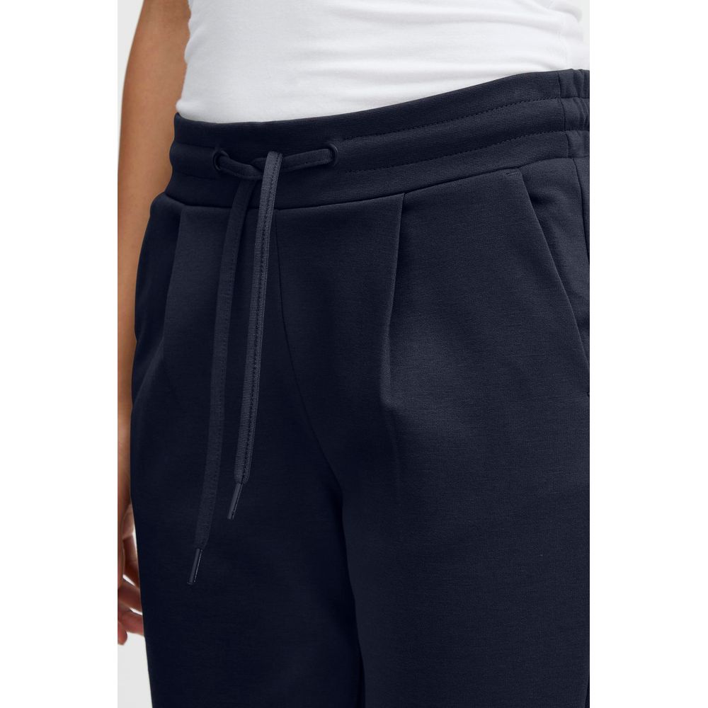 Close-up of ICHI Blue Polyester Pant's mid-rise waistband and drawstring detail.