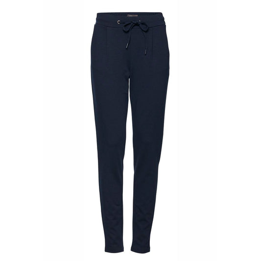 ICHI Blue Polyester Pant for women with slim fit, mid-rise elastic waistband, and front pleats.