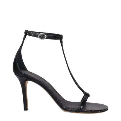Isabel Marant Black Leather Stiletto Heel Sandals, open toe, suede texture, casual style with self-tie closure.