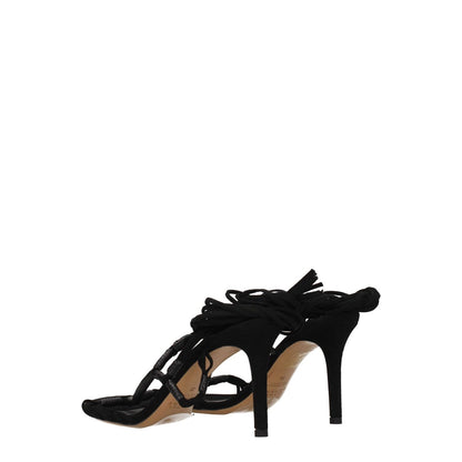 Isabel Marant Black Leather Stiletto Heel Sandals with open toe and self-tie closures, side view showing high heel and leather sole.