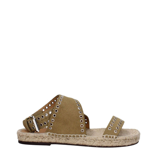 Isabel Marant Green Leather Sandals with studs, open toe, buckle closure, low flat heel, leather sole; suede finish, turtledove accent.