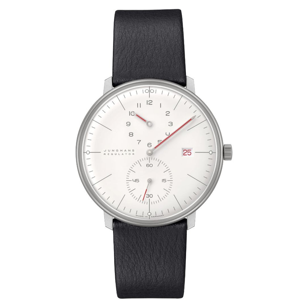 JUNGHANS MOD. 027_4493-02 watch with white dial, black leather strap, and minimalist design.