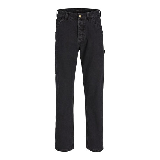 Jack Jones Black Cotton Relaxed Fit Jean with carpenter style, detailing side pockets and reinforced loops for durability and style.