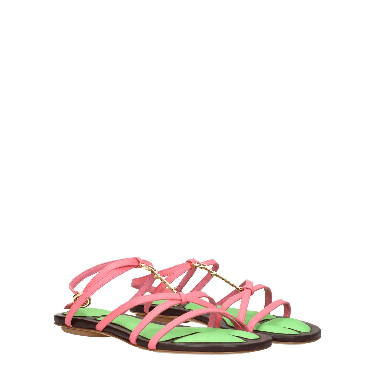 Jacquemus Pink Leather Flat Sandals with buckle closure, gold front logo, casual style, open toe, and leather sole.