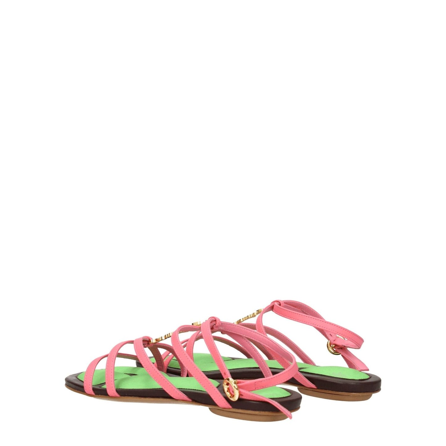 Jacquemus Pink Leather Flat Sandals with buckle closure and gold details, showing open toe style. Casual, low, flat leather sole.