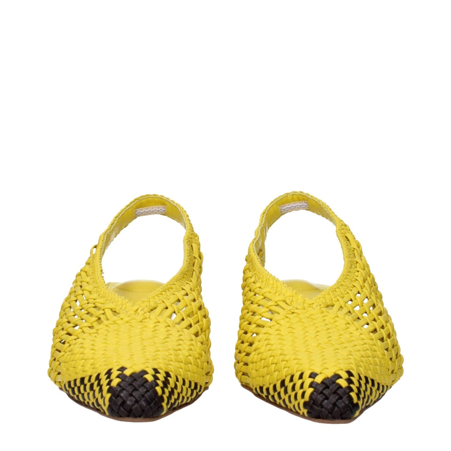 Front view of Jacquemus Yellow Leather Sandals with woven design and black accents.