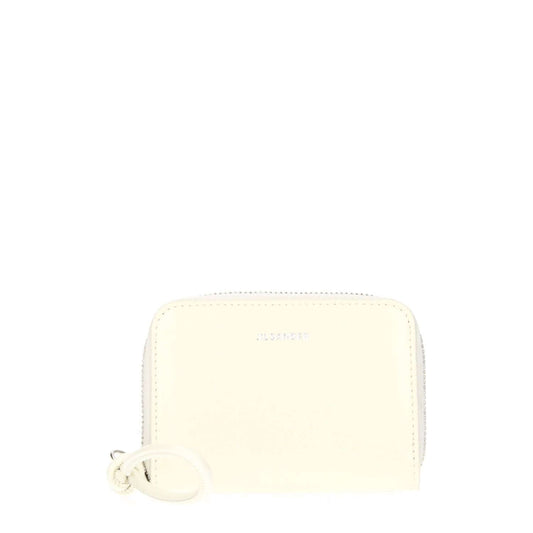 Jil Sander Beige Leather Wallet with zip closure, featuring a front logo. Casual style, 7×10 cm. Secondary color: Milk. MPN: J07UI0007P5244106.