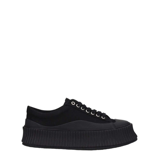 Jil Sander Black Fabric Chunky Sneakers with lace-up closure and rubber wedge heel, side view showcasing square toe design.
