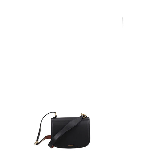 Jil Sander Black Leather Handbag with removable handle and button closure. Small casual bag with gold accents.