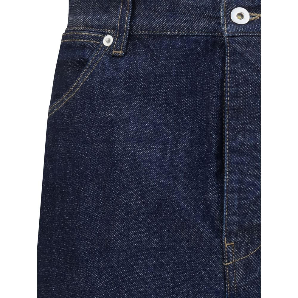 Jil Sander Blue Cotton Straight-Leg Jeans with five pockets and button closure, showcasing sleek design and logo label detail.