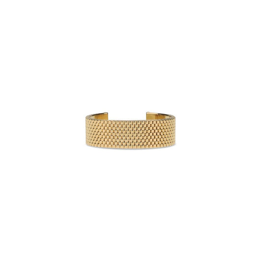 Jil Sander Gold Brass Bracelet with rigid mesh texture and engraved logo, crafted from 100% brass for minimalist elegance.